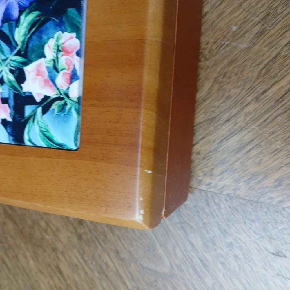 Heavy Wooden Lidded Trinket Box Felt‎ Lined Floral Hummingbird Front Panel 8x10
